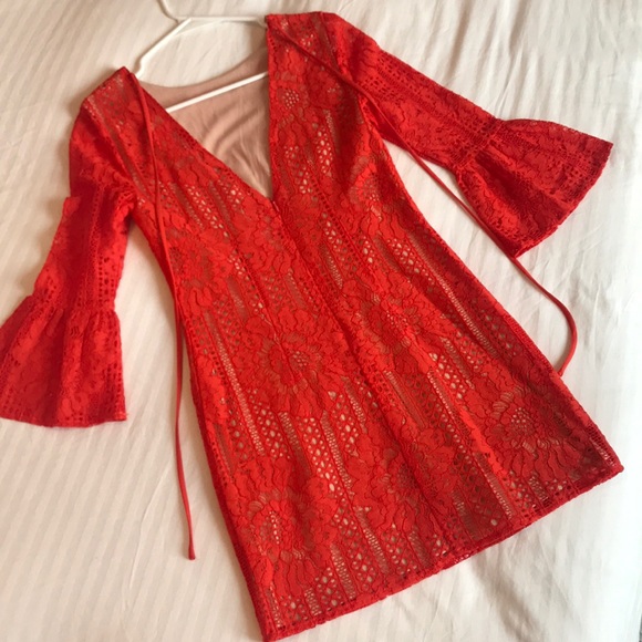 Vibrant Red-Orange Spring Lace Dress! - Picture 5 of 7